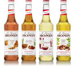 Monin Sirup Probierset – geröstete Haselnuss / Spekulatius / gesalzenes Karamell / Popcorn – 4 x 70 cl